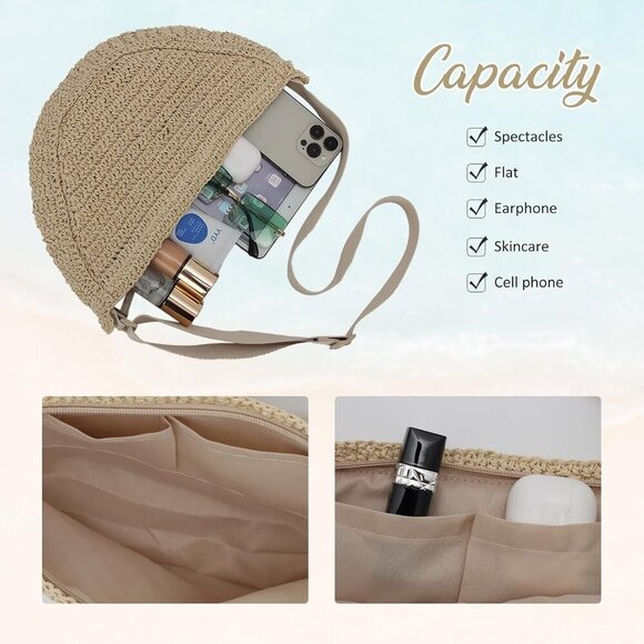 Lightweight Straw Crescent Beach Bag - Elegant Raffia Shoulder Purse for Women - Picture 3 of 6